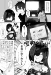  1girl absurdres bare_shoulders blush closed_eyes comic double_v eyepatch facing_another fate/grand_order fate_(series) fishnets fujimaru_ritsuka_(male) greyscale highres holding holding_microphone hood hooded_sweater hot_limit long_sleeves microphone mochizuki_chiyome_(fate/grand_order) monochrome music one_eye_closed open_mouth partially_translated singing sweat sweater tanuki_(siutkm0228) television thought_bubble translation_request upper_body v 