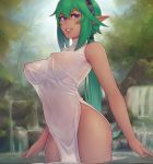  blush breasts commentary cowboy_shot dark_skin dress green_hair hairband highres large_breasts lips long_hair looking_at_viewer low_ponytail navel nipples original outdoors pointy_ears purple_eyes see-through side_slit sleeveless sleeveless_dress smile solo standing teeth unsomnus very_long_hair wading water waterfall wet wet_clothes white_dress 