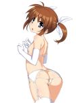  arched_back ass bare_shoulders bikini brown_hair butt_crack commentary_request elbow_gloves eyebrows_visible_through_hair from_behind garter_belt garter_straps gloves long_hair looking_at_viewer looking_back lowleg lowleg_bikini lyrical_nanoha mahou_shoujo_lyrical_nanoha micro_bikini namonashi open_mouth purple_eyes shiny shiny_hair shiny_skin short_twintails shoulder_blades simple_background solo standing swimsuit takamachi_nanoha thighhighs thong_bikini twintails white_background white_gloves white_legwear 