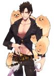  adonis_belt belial_(granblue_fantasy) black_hair black_shirt granblue_fantasy highres male_focus midriff pectorals pomeranian_(dog) red_eyes shirt short_hair smile sokuse_kienta solo 