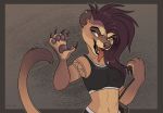  2018 5_fingers anthro black_lips breasts claws clothed clothing digital_media_(artwork) female fossa hair kitchiki mammal midriff navel open_mouth pale_eyes purple_hair smile teeth tongue 
