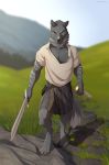  2018 4_toes 5_fingers anthro barefoot canine claws clothed clothing day detailed_background digital_media_(artwork) digitigrade fur grass green_eyes grey_fur holding_object holding_weapon kilt knife looking_at_viewer male mammal melee_weapon outside rock sky solo spefides sword toe_claws toes weapon wolf 