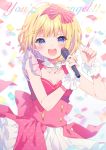  :d bangs blonde_hair blue_eyes blurry blurry_background blush bow breasts bridal_gauntlets collarbone commentary_request confetti copyright_request depth_of_field detached_collar english eyebrows_visible_through_hair hair_bow hairband hands_up holding holding_microphone kurokuma_(kuro_kumagaya) looking_at_viewer medium_breasts microphone open_mouth pink_bow pink_hairband pink_shirt pink_skirt polka_dot_skirt shirt skirt smile solo striped striped_bow upper_teeth white_background white_collar 