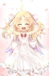  :d ahoge blonde_hair charlotte_izoard closed_eyes dress facing_viewer highres jewelry long_hair open_mouth outstretched_arms petals ring ryuuou_no_oshigoto! smile solo two_side_up white_dress yuitsuki1206 