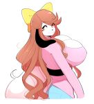  2018 :3 anthro belt big_breasts black_ears black_nose blush bow breasts brown_hair canine cleavage clothed clothing collar colored cute dog female fluffy fluffy_tail fur hair hair_ornament hi_res holly_applebee jeans long_hair looking_back mammal mature_female nipple_bulge pants simple_background solo sweater theycallhimcake white_background white_fur yellow_bow yellow_eyes 
