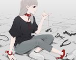  \n/ bangs black_shirt chain choker closed_mouth collar commentary crossed_legs cuffs grey_background grey_hair grey_pants long_hair looking_away original pants red_string shackles shirt sitting solo string wire_cutters yajirushi_(chanoma) 