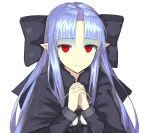  1girl apo_(apos2721) blue_hair bow dress eyebrows_visible_through_hair hair_bow half_updo hands_together len looking_at_viewer melty_blood own_hands_together pointy_ears red_eyes simple_background solo tsukihime white_background 