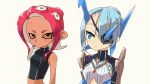  armor asymmetrical_clothes black_shirt blue_eyes blue_hair eyepatch long_hair looking_at_viewer midriff multiple_girls nke_toumi octarian octoling pauldrons pink_hair pointy_ears seori_(xenoblade) shirt short_hair simple_background splatoon_(series) splatoon_2 splatoon_2:_octo_expansion squidbeak_splatoon tentacle_hair white_background xenoblade_(series) xenoblade_2 