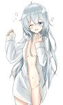  ahoge blue_eyes blush breasts commentary_request evening_rabbit eyebrows_visible_through_hair hair_between_eyes hibiki_(kantai_collection) highres kantai_collection long_hair long_sleeves looking_at_viewer naked_shirt navel no_bra no_panties one_eye_closed open_mouth shirt silver_hair simple_background sleepy small_breasts solo white_background white_shirt 