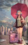  animal_ears blue_hair cloud cloudy_sky commentary_request fangs highres holding holding_umbrella jacket original plaster_(2501) rolling_suitcase shoes short_hair shorts sky skyline sneakers standing tail umbrella yellow_eyes 