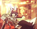  ambiguous_gender animal_humanoid black_eyes black_fur black_hair blurred_background detailed_background fox_humanoid fur hair humanoid looking_at_viewer melee_weapon rudragon sword weapon white_fur yin_yang 