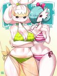  2018 alternate_hairstyle antennae arthropod big_breasts bikini blue_hair blush breasts clothed clothing compression_artifacts crossed_arms duo eyelashes female gardevoir gradient_background green_clothing hair hair_over_eye hair_ribbon hi_res huge_breasts humanoid insect kenron_toqueen looking_at_viewer navel nintendo pheromosa pink_clothing pok&eacute;mon pok&eacute;mon_(species) purple_eyes red_eyes ribbons sheer_clothing simple_background skindentation smile standing striped_clothing striped_underwear swimsuit tan_background thick_thighs thigh_gap tight_clothing translucent transparent_clothing ultra_beast video_games white_background white_hair white_skin 