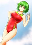  blue_background breasts competition_swimsuit d-m_(dii_emu) dutch_angle green_hair hand_on_hip highres kazami_yuuka medium_breasts one-piece_swimsuit red_eyes red_swimsuit short_hair smile solo swimsuit touhou 