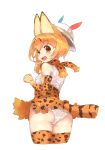  animal_ears ass blonde_hair commentary_request elbow_gloves feathers gloves hat hat_feather highres kemono_friends looking_at_viewer looking_back open_mouth panties scarf serval_(kemono_friends) serval_ears serval_print serval_tail short_hair simple_background skirt solo tail underwear visark white_background white_panties yellow_eyes 