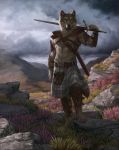  2018 4_toes 5_fingers amazing_background amber_eyes anthro armor black_nose canine caraid day detailed_background digital_media_(artwork) fur grass grey_fur holding_object holding_weapon kilt lhuneart male mammal melee_weapon outside sky solo sword toes unconvincing_armor weapon wolf 