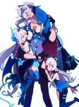  3girls ahoge angry blue_eyes braid chiliarch_(elsword) ciel_(elsword) closed_eyes demon_girl demon_tail demon_wings diabla_(elsword) dreadlord_(elsword) elsword gloves hair_ornament hairclip hands_on_another's_face highres hood horns hug long_hair luciela_r._sourcream mellchi multiple_girls multiple_persona noblesse_(elsword) pants_pull pins saliva symbol-shaped_pupils tail tattoo thighhighs tiara twintails vest white_hair wings 