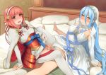  2girls aqua_(fire_emblem_if) blue_hair censored clothed_sex commentary double_grinding ffm_threesome fire_emblem fire_emblem_if grinding group_sex hetero highres long_hair looking_at_viewer mosaic_censoring multiple_girls no_panties oxxo_(dlengur) penis pink_hair pussy sakura_(fire_emblem_if) short_hair spread_legs threesome very_long_hair 