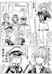  :d ^_^ ^o^ aquila_(kantai_collection) area_88 ark_royal_(kantai_collection) capelet closed_eyes comic commentary gambier_bay_(kantai_collection) graf_zeppelin_(kantai_collection) greyscale hair_between_eyes hairband hat high_ponytail highres intrepid_(kantai_collection) kantai_collection long_hair long_sleeves military military_uniform monochrome multiple_girls munmu-san open_mouth peaked_cap ponytail shaded_face short_hair short_sleeves side_ponytail smile speech_bubble tiara translated twintails typo uniform 