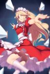  apron blonde_hair blurry dress kaiza_(rider000) long_hair looking_at_viewer maid maid_headdress outstretched_arms red_dress shoes smirk socks sword touhou touhou_(pc-98) very_long_hair weapon white_legwear yellow_eyes yumeko 