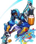  alternate_costume black_hair dual_wielding gas_mask goggles graffiti_tracer gun highres holding hood hoodie machine_pistol one_eye_closed overwatch robert_porter running solo spandex spray_can tracer_(overwatch) weapon 