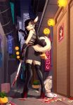  2017 5_fingers anthro black_hair blood breasts canine cigarette clothing detailed_background digital_media_(artwork) ear_piercing facial_piercing female footwear fur hair high_heels holding_object holding_weapon japanese legwear mammal mask melee_weapon money piercing shoes smile solo spefides standing striped_fur stripes sword tan_fur thigh_boots weapon 