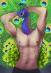  animal_head avian beak bird clothed clothing hi_res humanoid hybrid male mammal muscular muscular_male navel nipples peafowl reedflower smile solo topless 