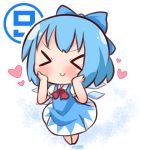  &gt;_&lt; 1girl bangs blue_bow blue_dress blue_hair blush bow chibi cirno closed_eyes closed_mouth collared_shirt commentary_request dress eyebrows_visible_through_hair facing_viewer full_body hair_bow hana_kazari hands_on_own_cheeks hands_on_own_face heart ice ice_wings puffy_short_sleeves puffy_sleeves red_neckwear shirt short_hair short_sleeves sleeveless sleeveless_dress smile solo touhou white_shirt wings 