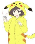  akiyama_yukari animal_costume bangs beamed_sixteenth_notes brown_eyes brown_hair cellphone commentary cosplay cowboy_shot eighth_note eyebrows_visible_through_hair gedou_(ge_ge_gedou) girls_und_panzer holding holding_cellphone holding_phone long_sleeves messy_hair musical_note open_mouth pajamas phone pikachu pikachu_(cosplay) pokemon short_hair simple_background smartphone smile solo standing white_background 