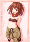  :d asymmetrical_clothes bandeau bangs bare_arms bare_shoulders black_bandeau blush breasts brown_hair brown_pants commentary_request crotch_zipper eyebrows_visible_through_hair gold_trim highres long_hair looking_at_viewer mochiyuki navel ole_tower open_mouth pants pink_background rammer_(ole_tower) red_eyes simple_background single_pantsleg small_breasts smile solo suspenders two_side_up zipper zipper_pull_tab 