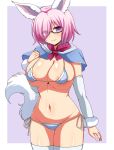  afuro animal_ears arm_warmers bikini blush breasts capelet cleavage cosplay fate/grand_order fate_(series) fou_(fate/grand_order) fou_(fate/grand_order)_(cosplay) glasses large_breasts mash_kyrielight navel pink_hair purple_eyes short_hair side-tie_bikini smile solo swimsuit tail tail_raised thighhighs 