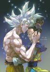  1girl artist_name black_hair chi-chi_(dragon_ball) chinese_clothes closed_eyes commentary_request couple dragon_ball dragon_ball_super earrings forehead-to-forehead grey_background hands_on_another's_back hands_on_another's_face happy hetero hug jewelry kim_yura_(goddess_mechanic) shirtless short_hair simple_background smile son_gokuu sparkle spiked_hair tied_hair ultra_instinct white_hair 