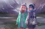  blue_eyes blue_hair commentary hat highres holding_hands jacket kagamihara_nadeshiko kasagarasu multiple_girls outdoors pantyhose pink_hair purple_eyes scarf shawl shima_rin smile winter_clothes yurucamp 