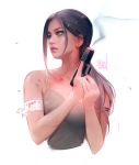  bandages blood brown_hair commentary cropped_torso grey_eyes gun lara_croft ross_tran smoke solo tank_top tomb_raider tomb_raider_(reboot) upper_body weapon 