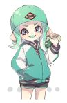  artist_name backwards_hat baseball_cap black_shorts blue_eyes commentary_request cowboy_shot fangs green_hat green_jacket green_tongue hand_in_pocket hat holding holding_weapon jacket letterman_jacket log looking_at_viewer mask medium_hair octarian octoling open_mouth pointy_ears sen_squid short_shorts shorts signature smile solo splatoon_(series) splatoon_2 standing tentacle_hair tri-slosher_(splatoon) v-shaped_eyebrows weapon white_background 