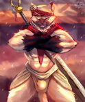  anthro blush bulge capcom cat cheetahpaws clothed clothing crossed_arms feline felyne fur looking_at_viewer male mammal meowscular_chef monster_hunter monster_hunter_world muscular muscular_male one_eye_closed open_mouth palico pecs penis smile solo standing topless underwear video_games weapon 