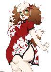  &lt;3 2018 5_fingers anthro bailey_(boxollie) big_breasts boxollie breasts brown_hair canine cavalier_king_charles_spaniel chinese_clothing chinese_dress clothed clothing dog dress female flower green_eyes hair hi_res mammal plant simple_background slightly_chubby smile solo spaniel white_background 