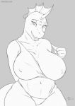  anthro big_breasts bikini breasts clothing female looking_at_viewer makeup mascara momosukida monochrome nipples one_breast_out reptile scalie sketch smile solo swimsuit thick_thighs 
