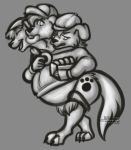  2017 3_heads anthro belly big_belly bottomless canine cerberus claws clothed clothing digital_drawing_(artwork) digital_media_(artwork) dog domestic doughnut eating fattening fingers food fur golden_retriever greyscale hair hat heads hi_res invalid_tag legwear male mammal monochrome multi_head mythology naughtygryph open_mouth overweight pastries simple_background smile solo ties toe_claws 