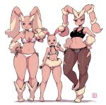  2017 big_breasts big_ears bikini biped black_clothing black_sclera bra breasts brown_body buneary clothed clothing compression_artifacts female flat_chested fur group hand_on_hip hi_res humanoid kenron_toqueen lagomorph looking_at_viewer lopunny mammal mega_evolution mega_lopunny navel nintendo open_mouth open_smile panties pok&eacute;mon pok&eacute;mon_(species) pok&eacute;morph red_eyes simple_background smile sports_bra standing swimsuit tan_fur teeth thick_thighs tight_clothing tongue tongue_out underwear v_sign video_games white_background white_clothing wide_hips 