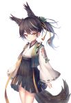  :/ absurdres animal_ears artist_name azur_lane bangs black_hair cowboy_shot dated fox_ears fox_tail hair_ornament hakama_skirt highres japanese_clothes long_hair long_sleeves looking_at_viewer matsukaze_(azur_lane) multicolored_hair ponytail ribbon-trimmed_sleeves ribbon_trim signature simple_background solo sorairo_len standing tail v-shaped_eyebrows white_background wide_sleeves yellow_eyes 