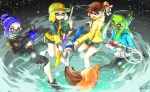  4girls aqua_jacket artist_name bandana_over_mouth bangs baseball_cap beanie bike_shorts black_eyes black_footwear black_hat black_jacket black_pants blonde_hair blue_hair blunt_bangs brown_eyes brown_hat camouflage_hat closed_mouth commentary domino_mask face_mask goo_tuber_(splatoon) green_eyes green_hair green_hat hat headgear highres holding holding_weapon inkbrush_(splatoon) inkling inkling_(language) jacket leg_up logo long_hair long_sleeves looking_at_viewer mask multiple_girls open_mouth paint_splatter pants pink_hair pointy_ears print_hat print_jacket red_eyes short_hair short_shorts shorts signature single_vertical_stripe skull_print smile splat_charger_(splatoon) splatoon_(series) splatoon_2 squid squidbeak_splatoon standing standing_on_one_leg tentacle_hair weapon yellow_jacket yuito_(yuitokobunasbs0) 