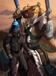  5_fingers anthro blonde_hair blue_hair blue_nose canine charr duo feline guild_wars gun hair holding_object holding_weapon horn looking_at_viewer male mammal ranged_weapon red_eyes spefides video_games weapon 
