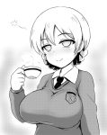  bangs braid breasts closed_mouth cup darjeeling dress_shirt emblem eyebrows_visible_through_hair girls_und_panzer greyscale half-closed_eyes highres holding impossible_clothes impossible_shirt large_breasts long_sleeves looking_at_viewer monochrome necktie school_uniform shanaharuhi shirt short_hair sleepy smile solo st._gloriana's_(emblem) st._gloriana's_school_uniform standing steam sweater teacup tied_hair twin_braids upper_body v-neck wing_collar 