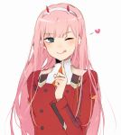  :p bangs blue_eyes blunt_bangs blush darling_in_the_franxx eyebrows_visible_through_hair hairband heart highres horns index_finger_raised long_hair long_sleeves military military_uniform one_eye_closed pink_hair ruuto-kun simple_background smile solo straight_hair tongue tongue_out uniform upper_body white_hairband yellow_neckwear zero_two_(darling_in_the_franxx) 