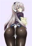  1girl android artist_request ass blue_eyes blush bodysuit cameltoe from_behind headgear horizon_ariadust huge_ass kyoukaisenjou_no_horizon long_hair looking_at_viewer looking_back pantyhose shiny shiny_clothes shiny_hair silver_hair solo tears thong very_long_hair 