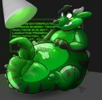  2018 3_toes 4_fingers absurd_res alligator animate_inanimate anthro centbair claws collar crocodilian digital_drawing_(artwork) digital_media_(artwork) english_text green_hair hair hi_res horn inflatable inflation kehei living_inflatable male markings nozzle red_pupils reptile rubber scalie shiny solo sound_effects stripes teeth text toes worried 