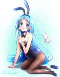  animal animal_ears arm_support batsubyou black_footwear black_leotard blue_background blue_eyes blue_hair bow bowtie brown_legwear bunny_ears bunny_girl bunny_tail bunnysuit cat cup detached_collar drinking_glass flat_chest full_body glass kantai_collection kneeling leotard long_hair looking_at_viewer md5_mismatch pantyhose rizuriri samidare_(kantai_collection) shoes single_shoe spill strapless strapless_leotard tail wrist_cuffs 