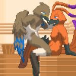  2018 animated anthro avian azen blitz blue_eyes brown_feathers cum cum_on_chest cum_on_hand digital_media_(artwork) feathers frottage hair kissing male male/male masturbation nude open_mouth orange_feathers penis pixel_(artwork) pixel_animation purple_feathers sauna sex tsunamidusher video_games white_feathers wings 