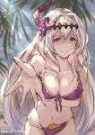  breasts collarbone commentary_request dark_jeanne feathers granblue_fantasy groin hair_feathers hair_intakes highres large_breasts looking_at_viewer milli_little navel outstretched_arms red_eyes solo white_hair 