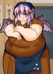  apron bad_id bad_pixiv_id big_belly bird_wings blush fat fat_folds grin head_scarf looking_at_viewer mystia_lorelei nerizou obese okamisty purple_eyes purple_hair smile solo teeth touhou waist_apron wings 